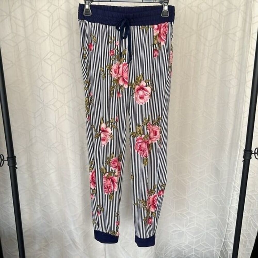 See You Monday Striped Casual Comfy Stripe Floral Jogger Pants